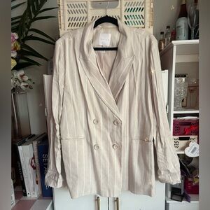 Leith Beige Striped Double-Breasted Blazer